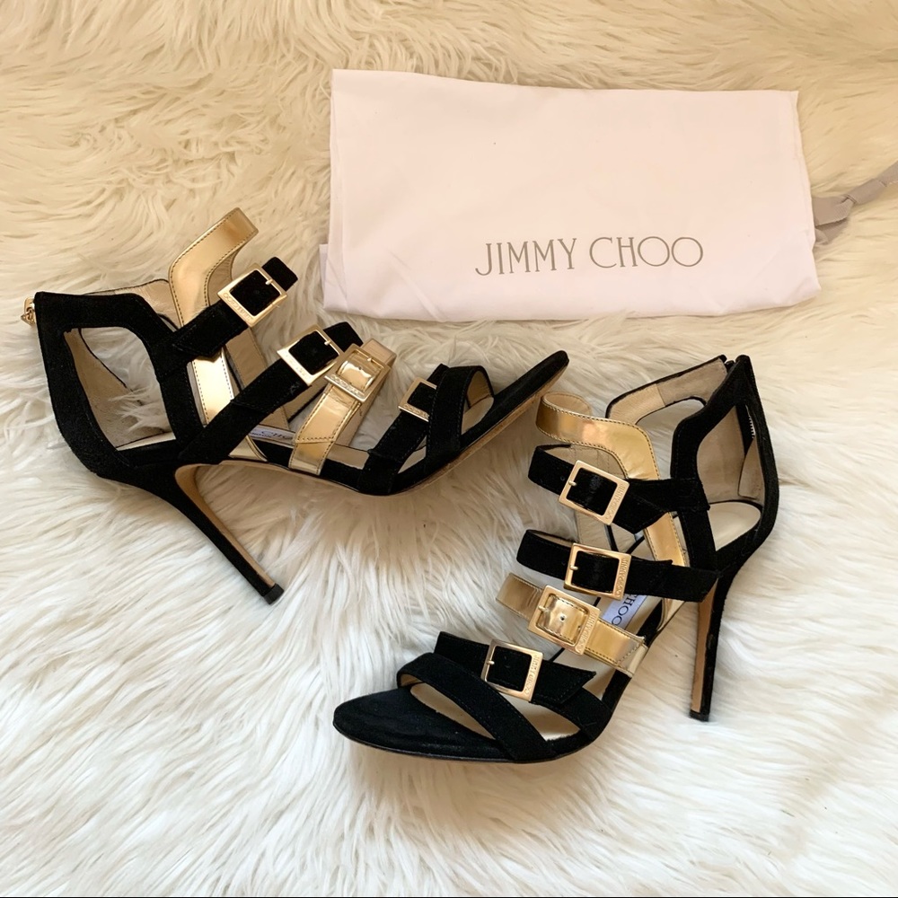 JIMMY CHOO Logo Bronx Strappy Suede Leather Heels - Picture 4 of 15